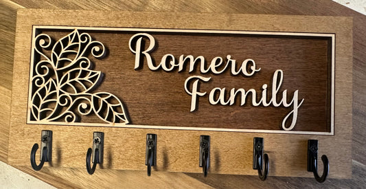 Personalized Wooden Key Holder | Custom Family Name or Business Branding | Leaves Design