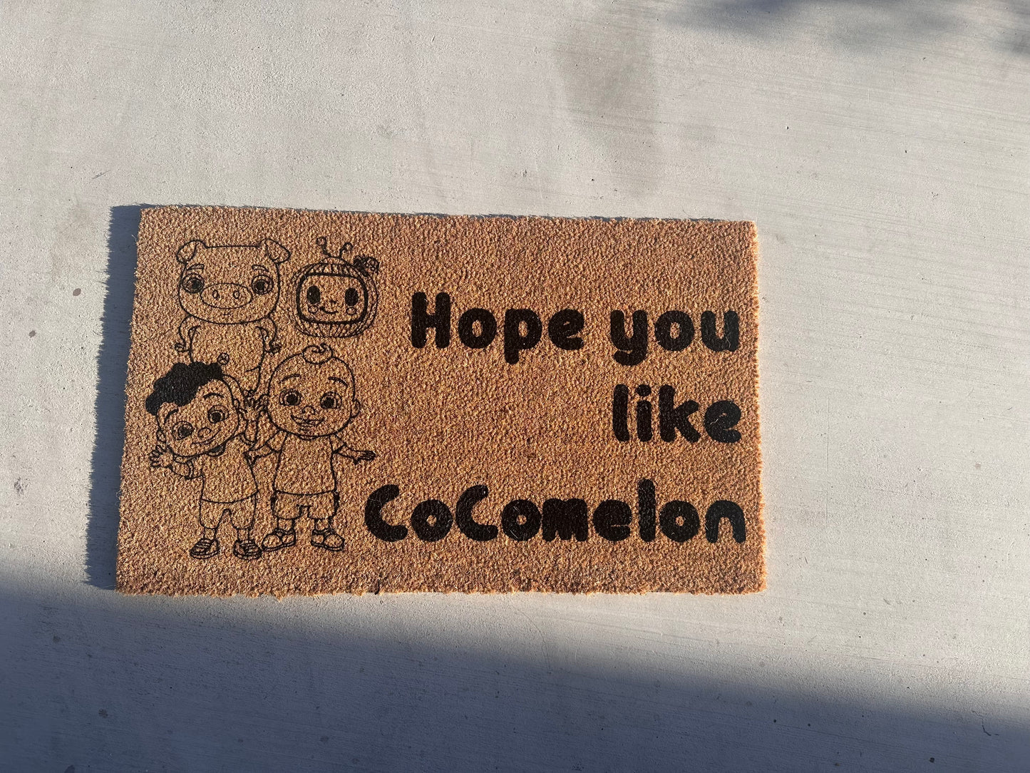 Hope You Like Cocomelon Doormat – 18x30 Coir Welcome Mat with Character Outlines | Funny Kid-Friendly Door Mat | Handmade and Painted in Black