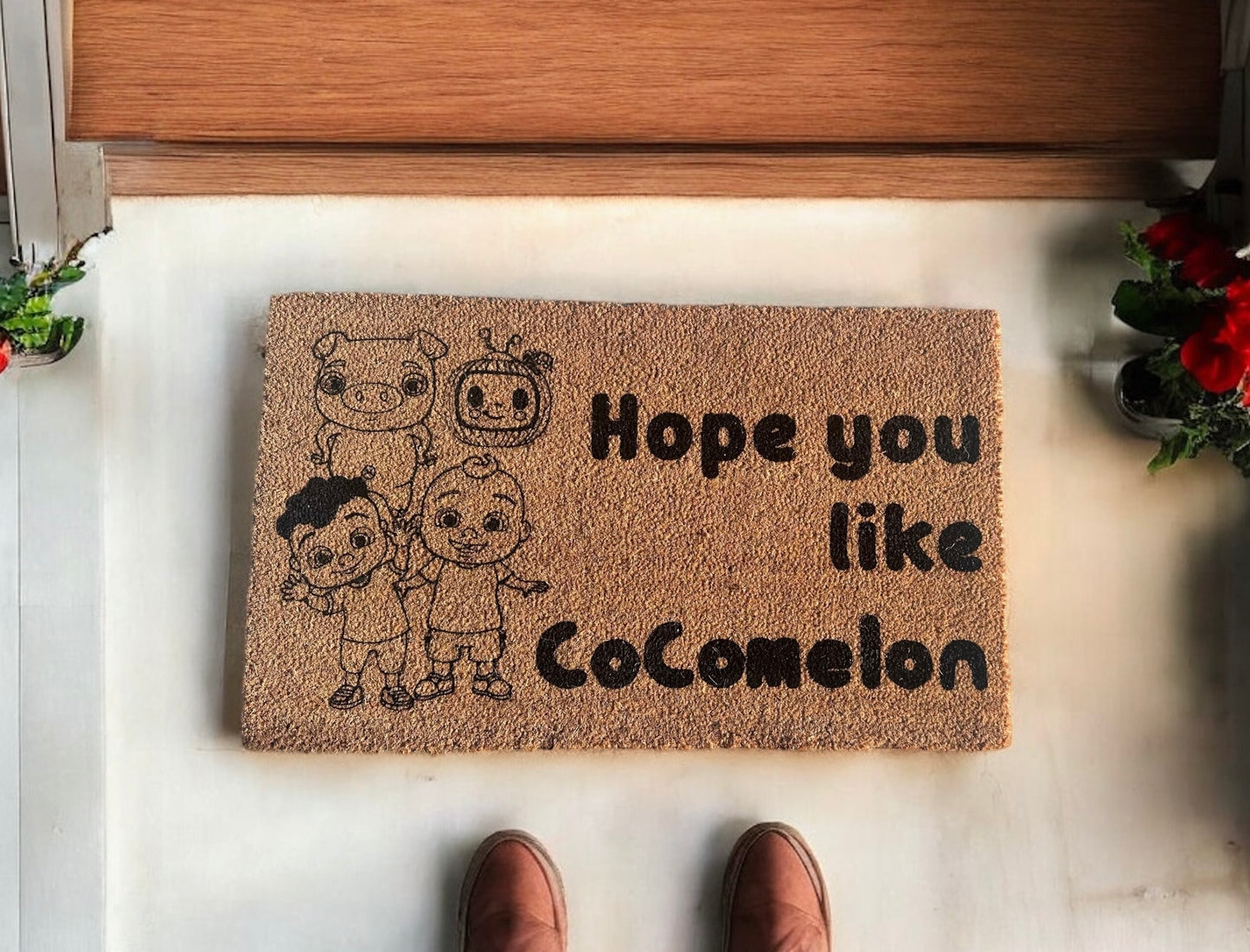Hope You Like Cocomelon Doormat – 18x30 Coir Welcome Mat with Character Outlines | Funny Kid-Friendly Door Mat | Handmade and Painted in Black