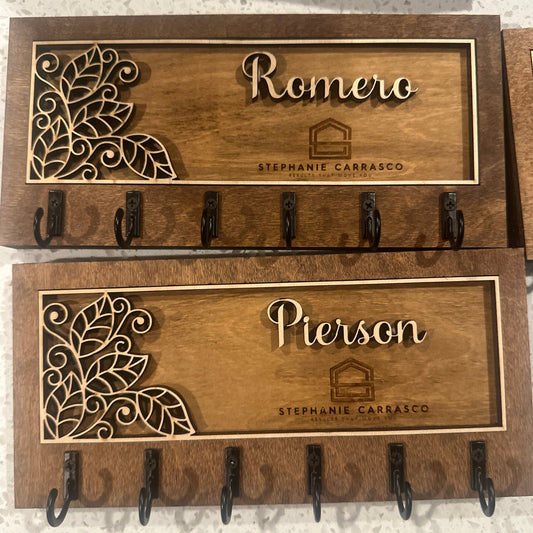 Personalized Wooden Key Holder | Custom Family Name or Business Branding | Leaves Design