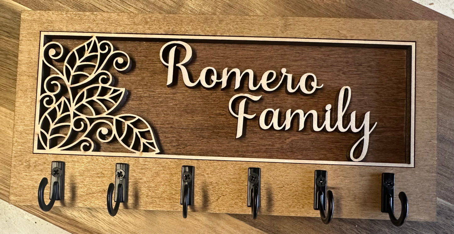 Personalized Wooden Key Holder | Custom Family Name or Business Branding | Leaves Design