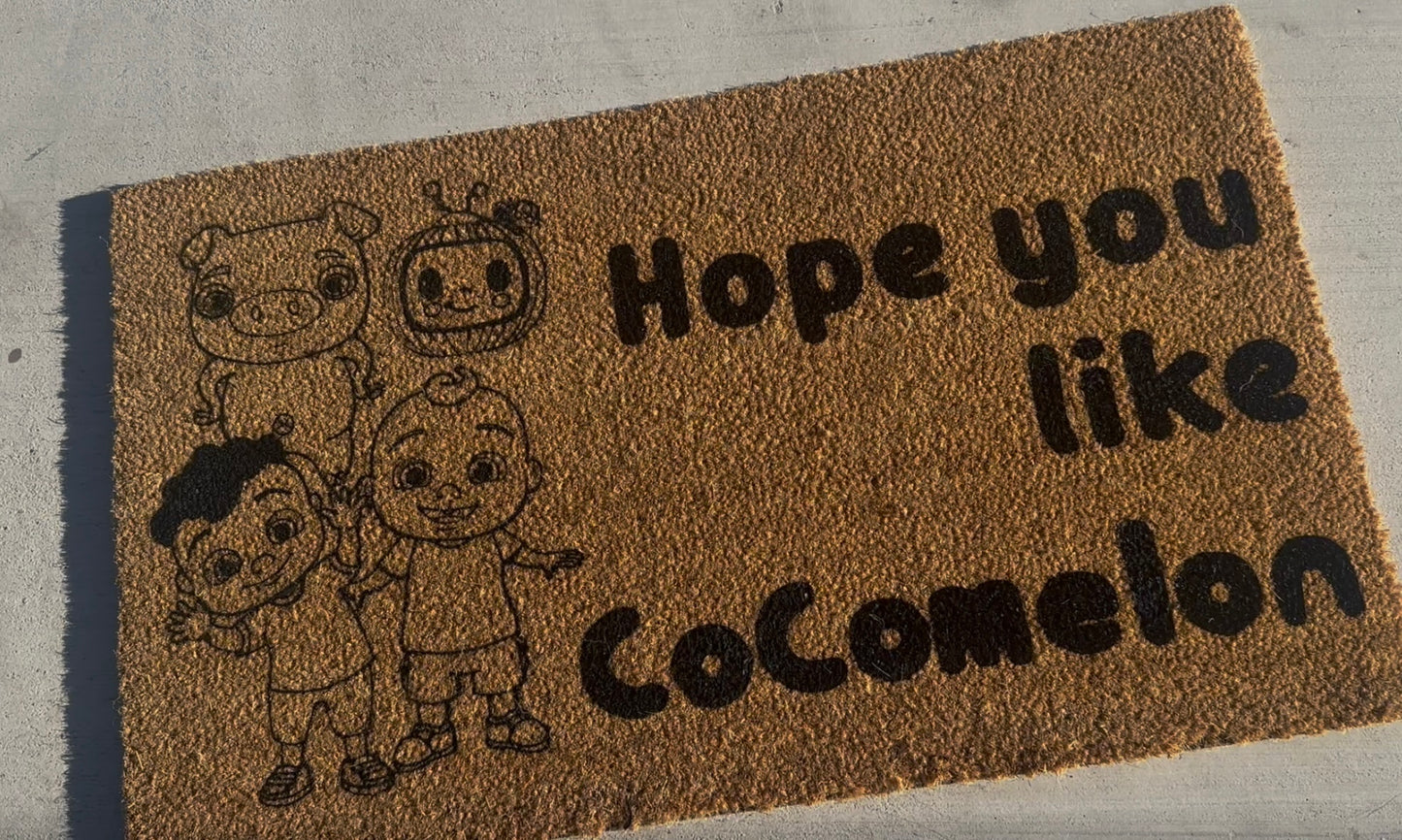 Hope You Like Cocomelon Doormat – 18x30 Coir Welcome Mat with Character Outlines | Funny Kid-Friendly Door Mat | Handmade and Painted in Black