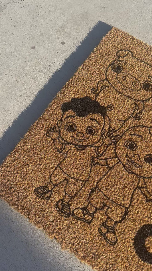 Hope You Like Cocomelon Doormat – 18x30 Coir Welcome Mat with Character Outlines | Funny Kid-Friendly Door Mat | Handmade and Painted in Black
